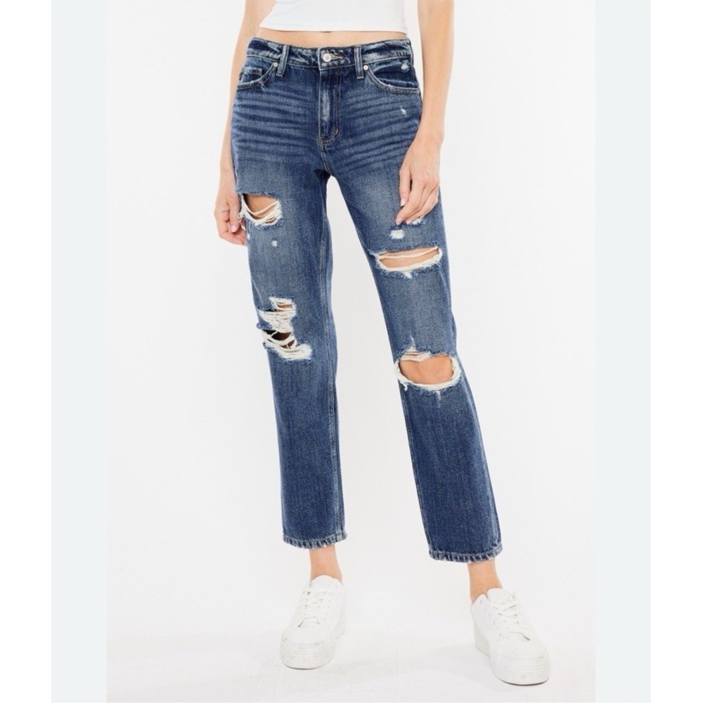 KanCan Denim 100% Cotton High Rise Ripped Mom Jean 31 Distressed Non Stretch